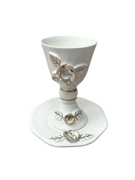 Decorated Ceramic White and Gold Wine Goblet and P , Passover Gifts ,