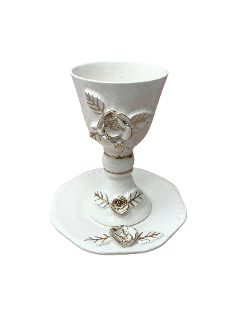 Decorated Ceramic White and Gold Wine Goblet and P , Passover Gifts ,