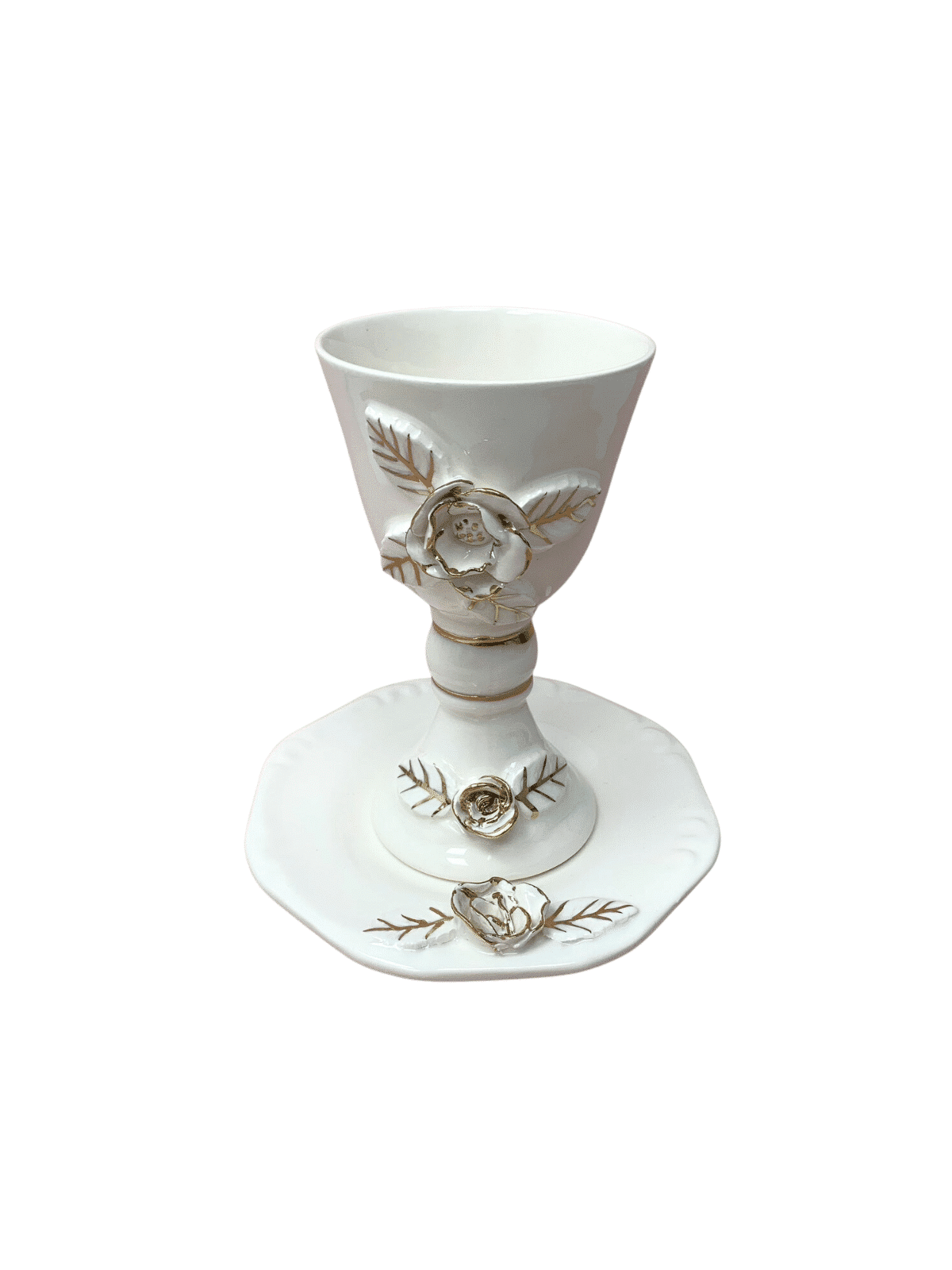 Decorated Ceramic White and Gold Wine Goblet and P , Passover Gifts ,
