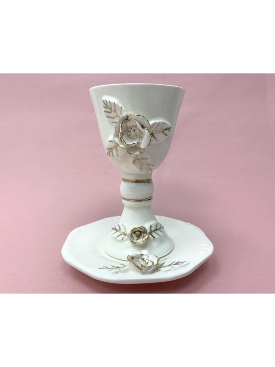 Decorated Ceramic White and Gold Wine Goblet and P , Passover Gifts ,