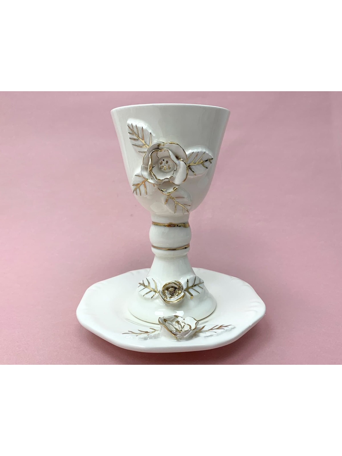 Decorated Ceramic White and Gold Wine Goblet and P , Passover Gifts ,