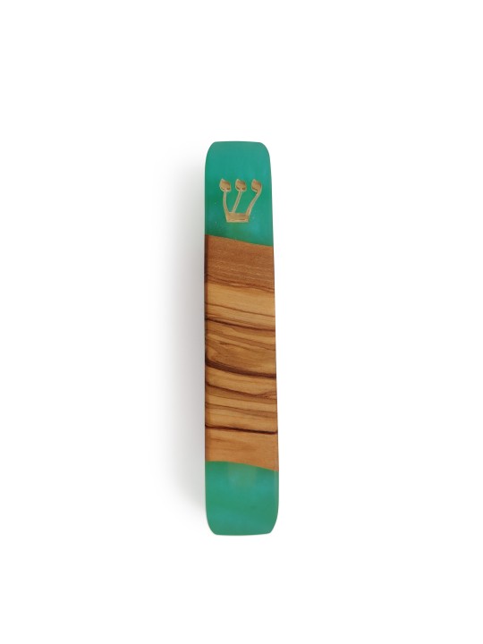 Turquoise Epoxy and Olive Wood Mezuzah Case , Large Mezuzahs , Israeli