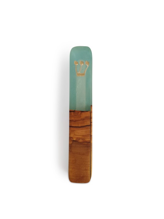 Light Blue Natural Epoxy and Olive Wood Mezuzah Ca , Large Mezuzahs ,