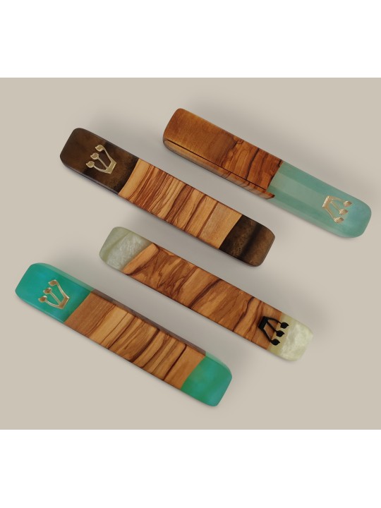 Époxy naturel bleu clair et bois d’olivier Mezuzah Ca , Grandes Mezuzahs ,