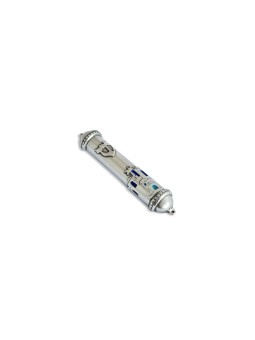 Grand étui bleu en étain pour mezouza de Jérusalem, Centre israélien de Judaica,