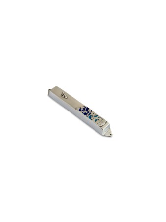 Blue Rectangle Jerusalem Large Pewter Mezuzah Case , Israeli Center Of