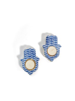Blue Ceramic Hamsa Candle Holders , Modern Candlesticks , Israeli Juda