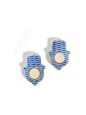 Blue Ceramic Hamsa Candle Holders , Modern Candlesticks , Israeli Juda