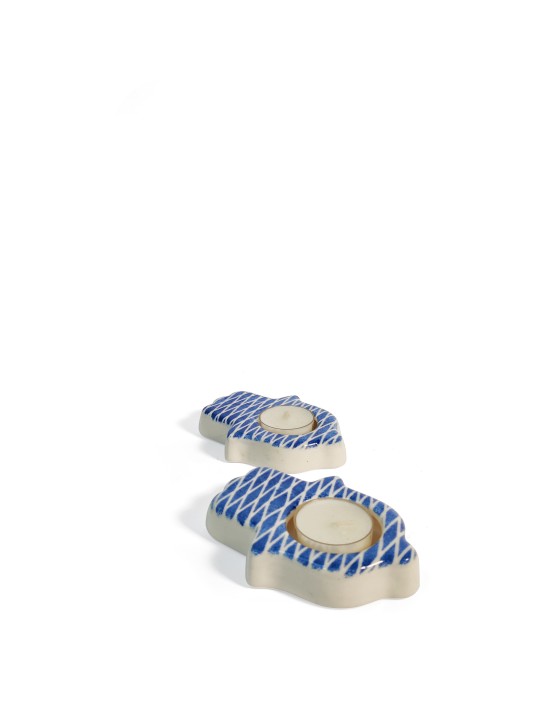 Blue Ceramic Hamsa Candle Holders , Modern Candlesticks , Israeli Juda