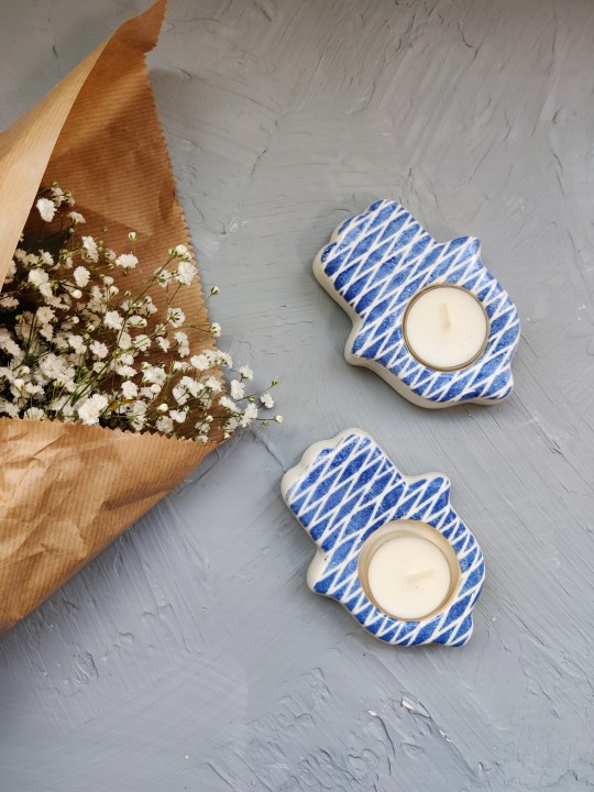 Blue Ceramic Hamsa Candle Holders , Modern Candlesticks , Israeli Juda