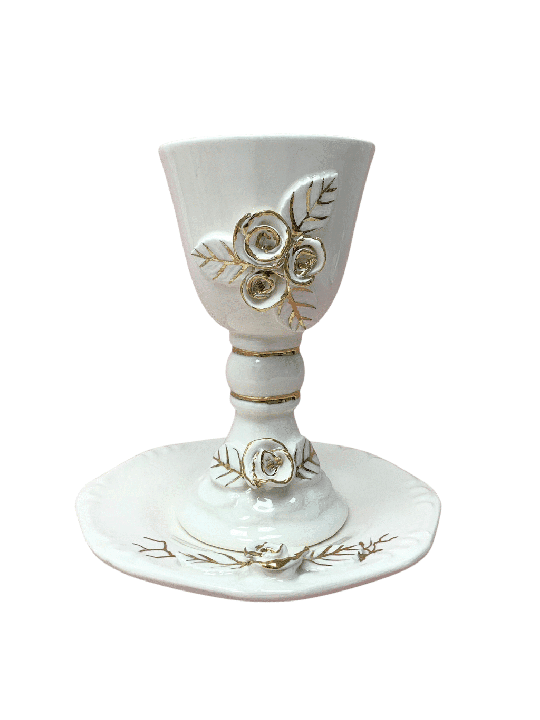 Ceramic Wine Glass in White & Gold , Passover Gifts , Israeli Judaica