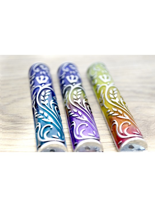 Blue and Turquoise Enameled Wheat Mezuzah Case , Avi Nadav Mezuzah Cas