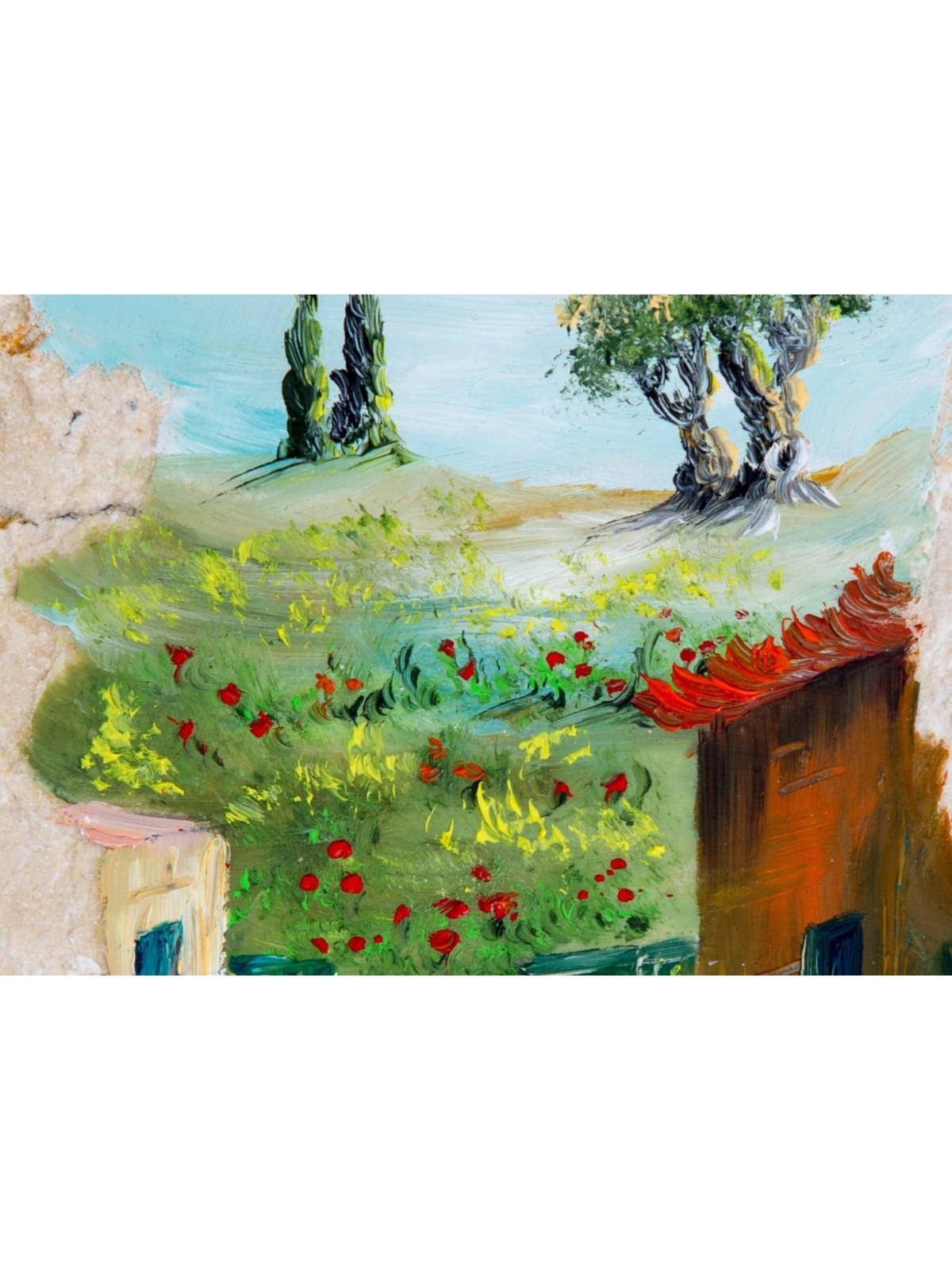 Peinture à l'huile de paysage de Tsfat sur la pierre de Jérusalem, cadeaux de Tu B'Av, Israël