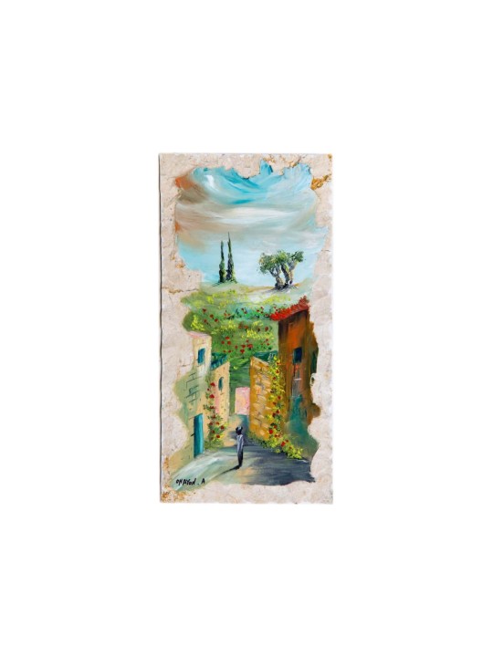 Peinture à l'huile de paysage de Tsfat sur la pierre de Jérusalem, cadeaux de Tu B'Av, Israël