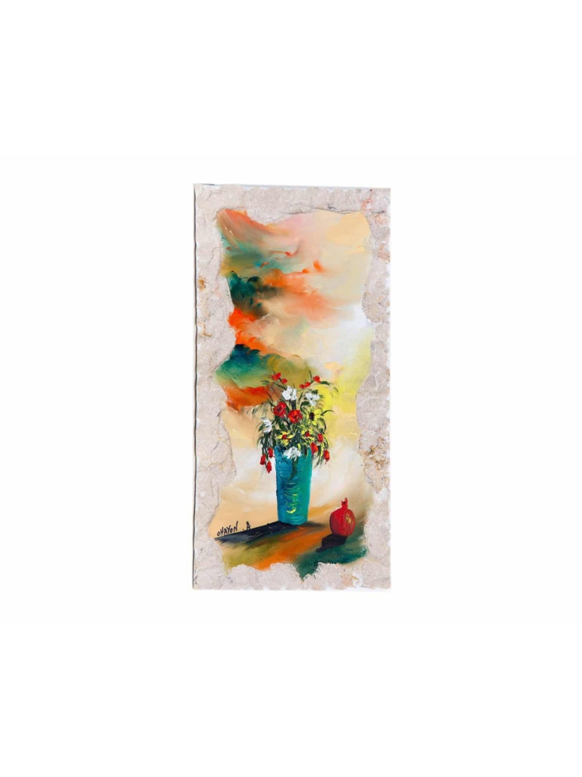 Peinture de vase de fleurs sur pierre de Jérusalem, cadeaux Tu B'Av, Juda israélien