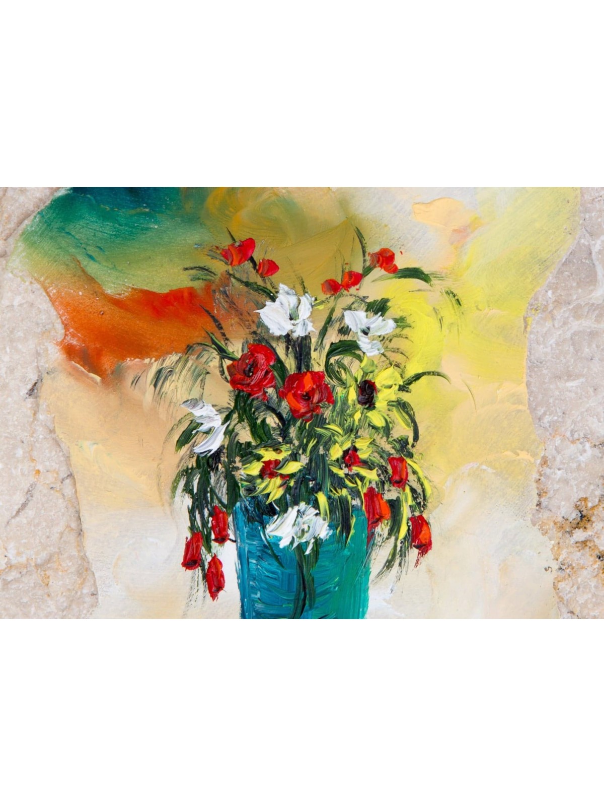 Peinture de vase de fleurs sur pierre de Jérusalem, cadeaux Tu B'Av, Juda israélien