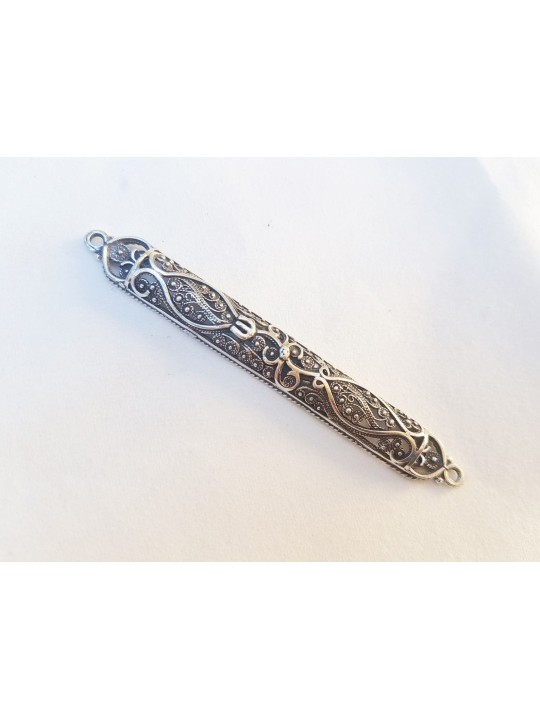 Intricate Ornaments Silver Mezuzah Case , Tu B'Av Gifts , Israeli Juda