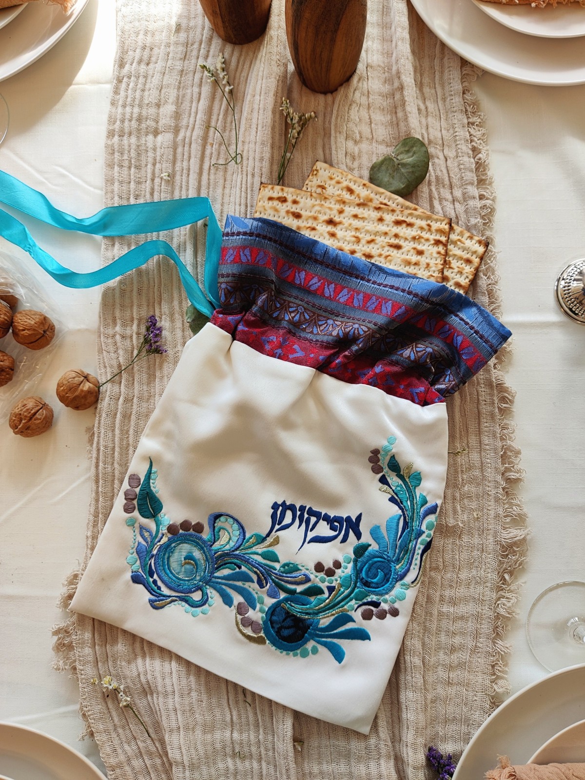 Unique Hand Velvet Embroidered Afikoman Bag with F , Passover Gifts ,