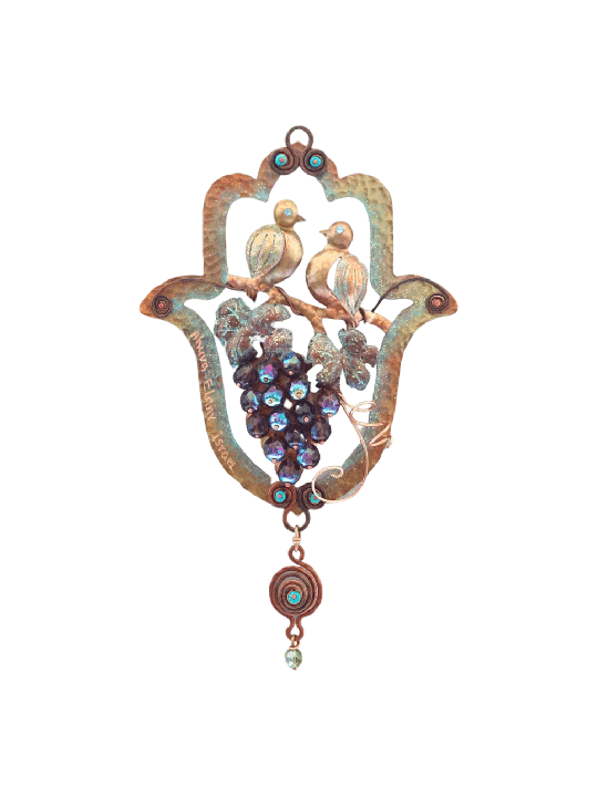 One-of-a-Kind Copper Hamsa - Love Birds On a Grape , Jewish Wedding Gi