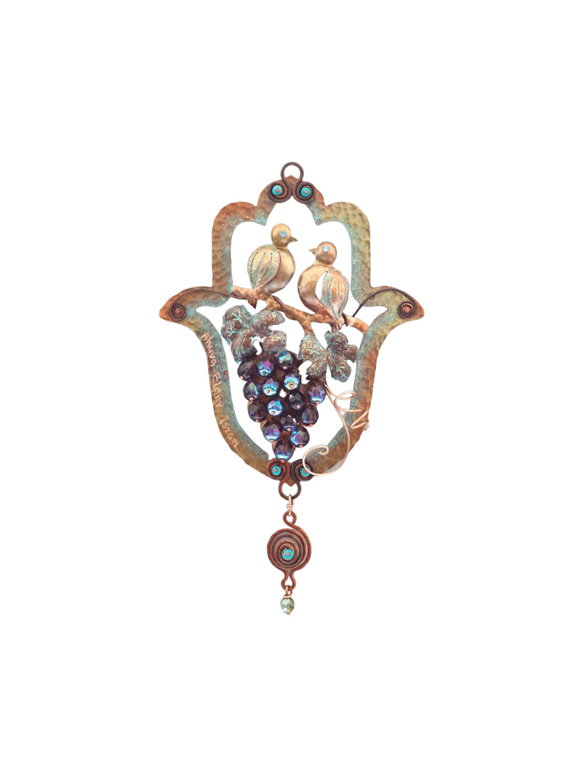 One-of-a-Kind Copper Hamsa - Love Birds On a Grape , Jewish Wedding Gi