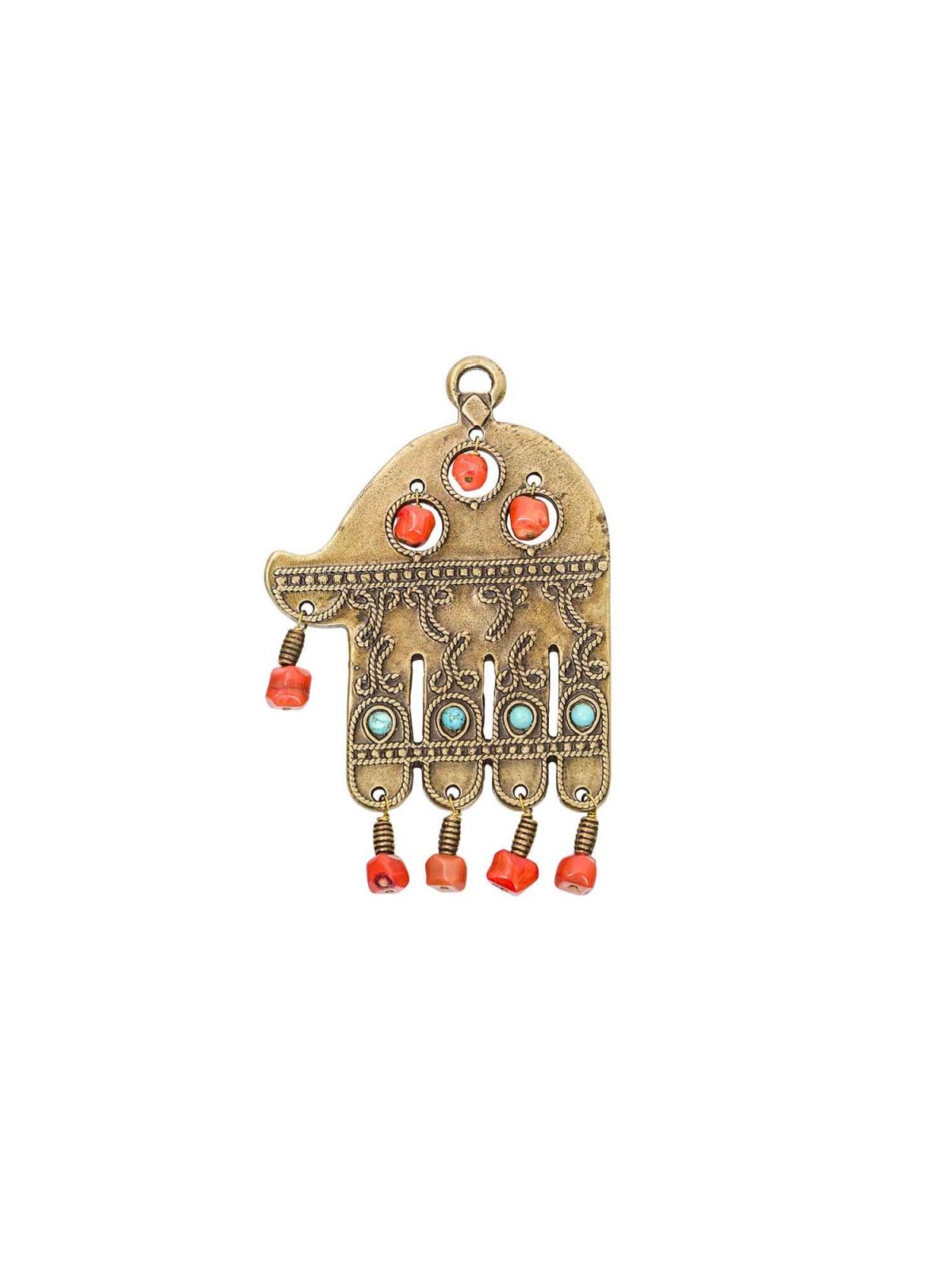 Ancient Brass Wall Good Luck Hamsa with Colored Beads... | Metal Hamsa