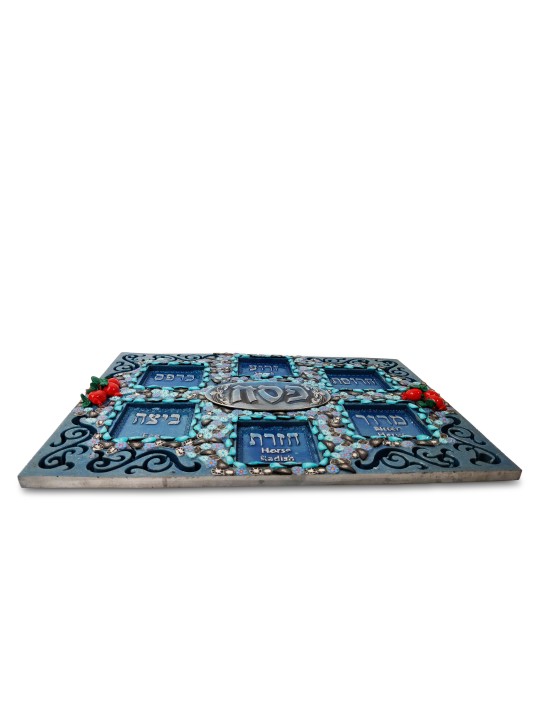 Assiette de Pessa'h carrée bleue et turquoise, cadeaux de Pâque, Juda israélien
