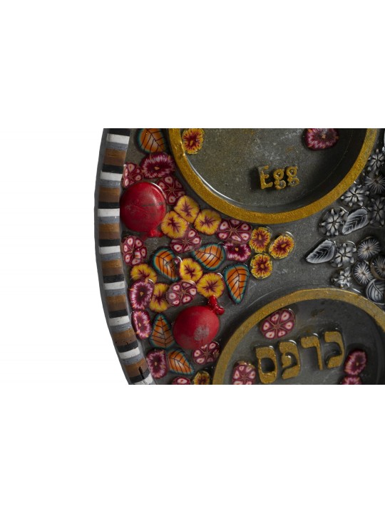 Pomegranate and Flowers Red Seder Plate , Jerusalem Seder Plates , Isr