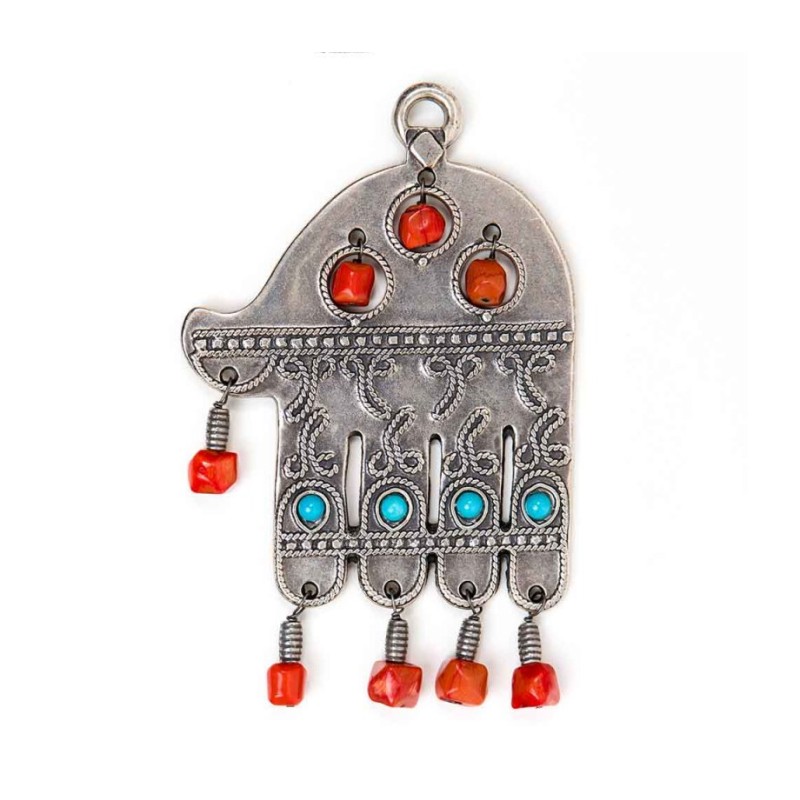 Silver Plated Ancient Wall Hamsa with Colorful Beads ... | Metal Hamsa