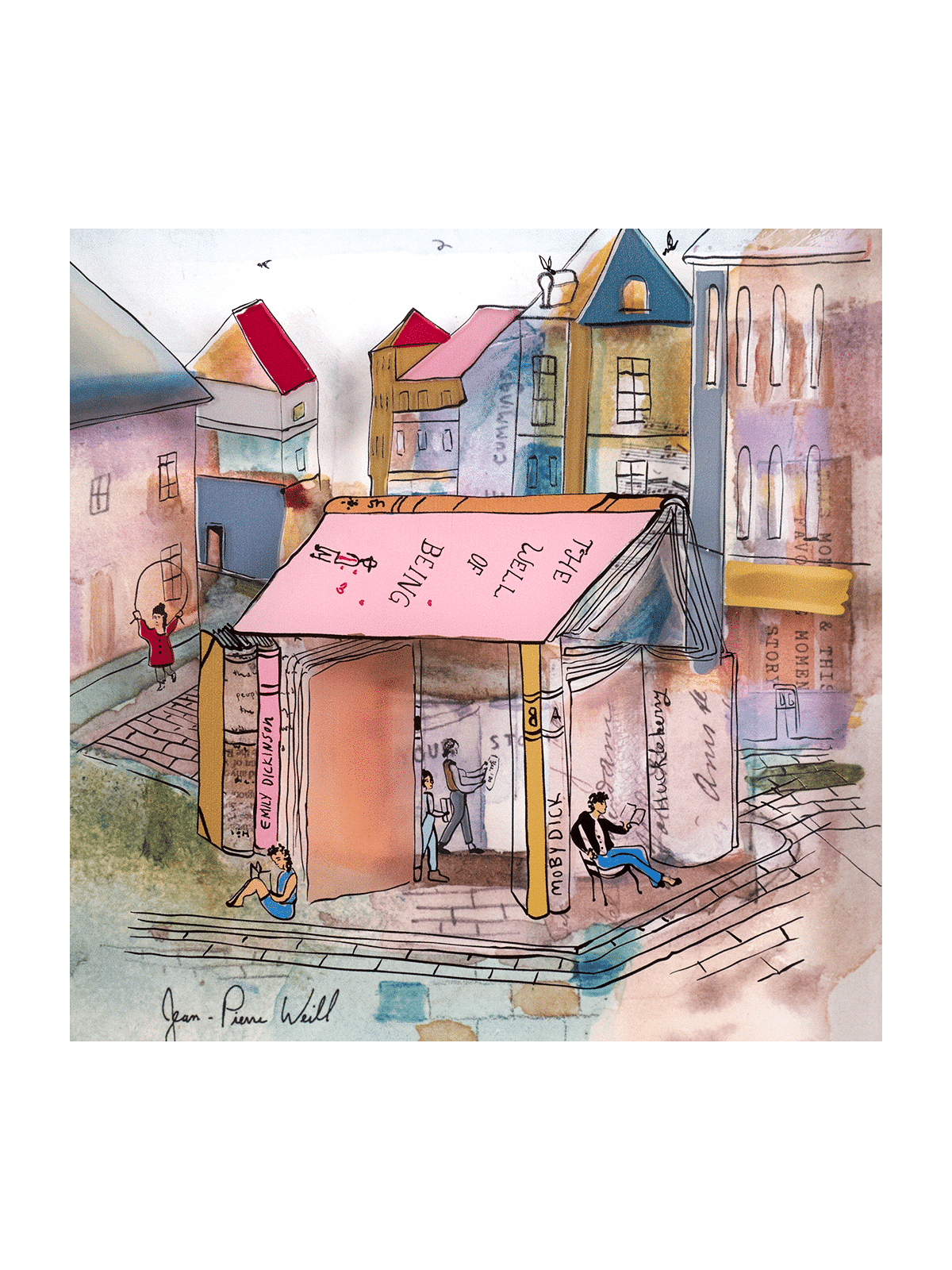 Multicolored Village of Books 3D Painting on Glass , Tu B'Av Gifts , I