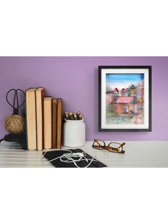 Multicolored Village of Books 3D Painting on Glass , Tu B'Av Gifts , I