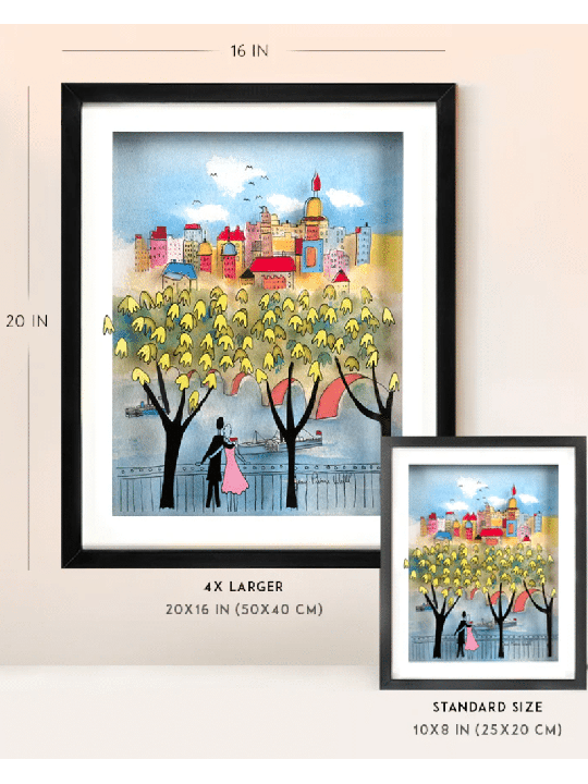 Romance de ville avec des arbres dorés, peinture 3D sur verre, cadeaux Tu B'Av, I