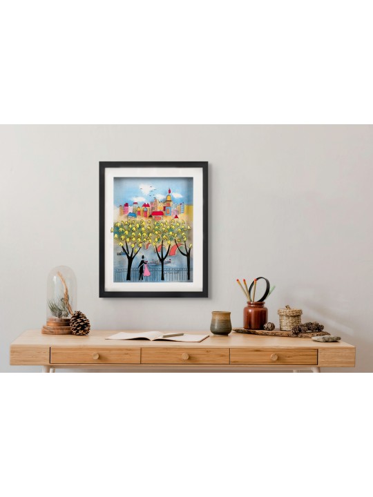 Romance de ville avec des arbres dorés, peinture 3D sur verre, cadeaux Tu B'Av, I