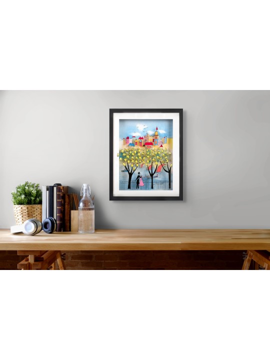City Romance with Golden Trees 3D Painting on Glas , Tu B'Av Gifts , I