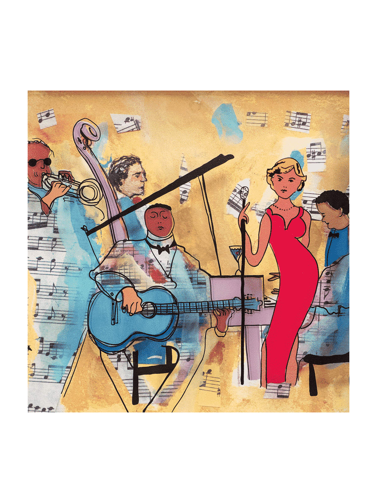 Jazz Band Peinture 3D sur verre - Art mural pour Musi , Cadeaux Tu B'Av , I
