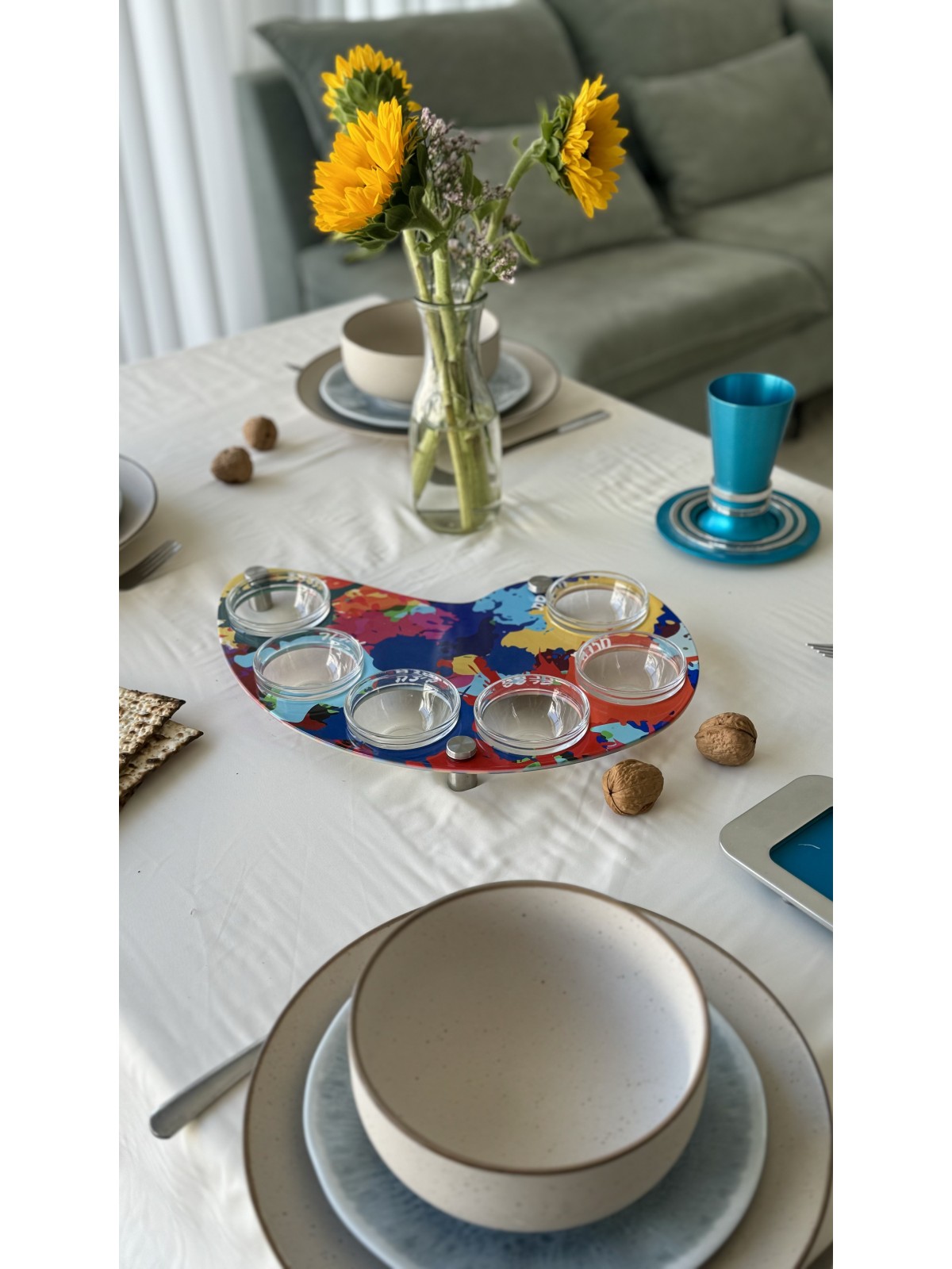 Plat coloré de Pessa'h de forme de peintre avec l'arc en verre, Pl de Seder en aluminium