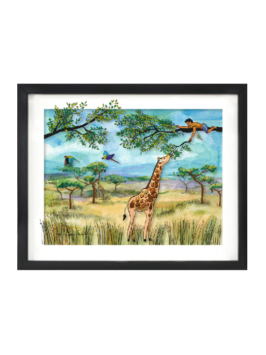 Safari aventure d'un enfant sur un arbre nourrissant une gira, cadeaux Tu B'Av, I
