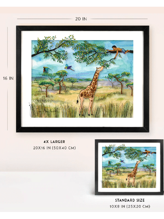 Safari aventure d'un enfant sur un arbre nourrissant une gira, cadeaux Tu B'Av, I