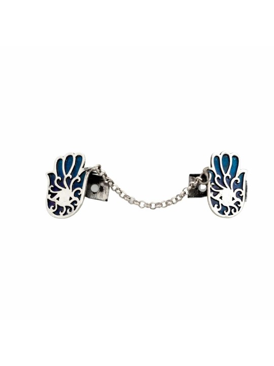 Sterling Silver Hamsa Tallit Clips with Enamel , Tallit Clips , Israel
