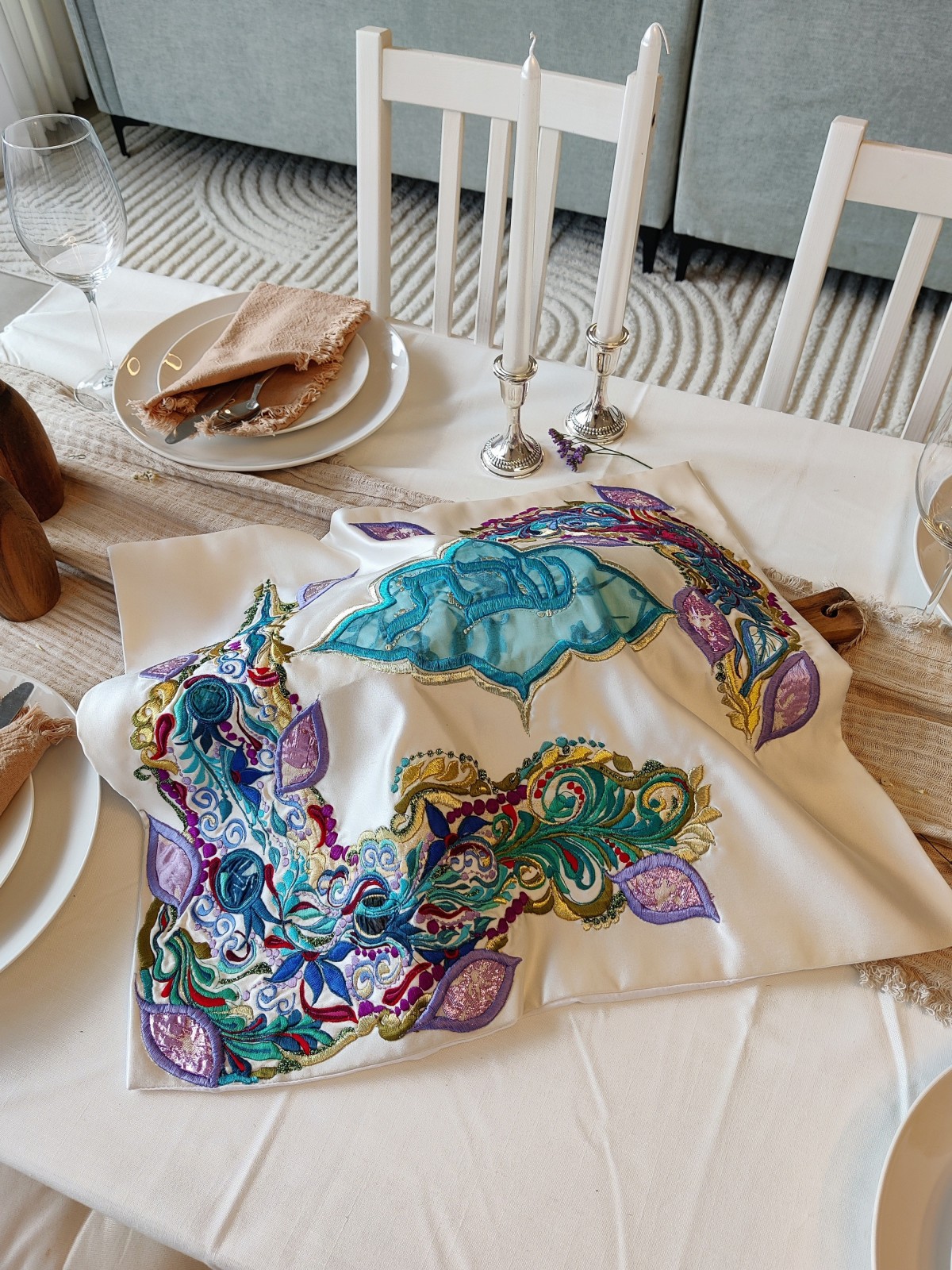 Motifs brodés à la main multicolores Shabbat Cha, couvertures Challah,