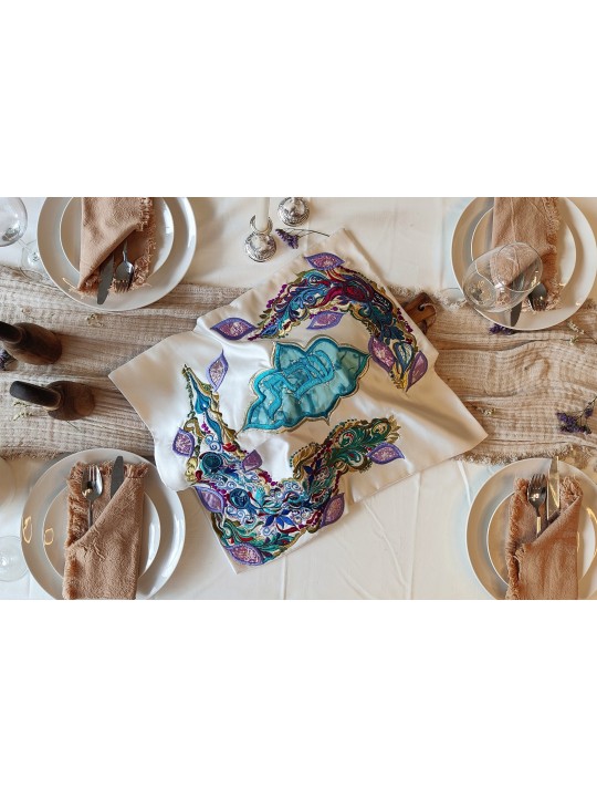 Multicolored Hand Embroidered Patterns Shabbat Cha , Challah Covers ,