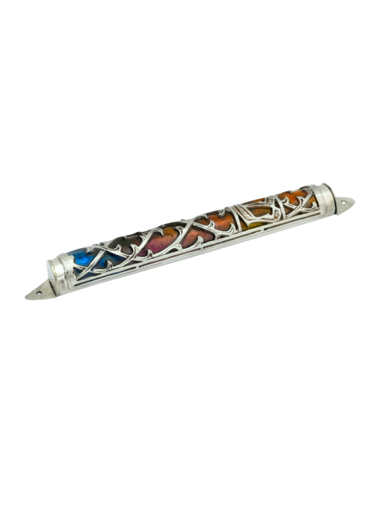 Silver Mezuzah Case with Multi Colors Enamel , For 7cm Scrolls , Israe