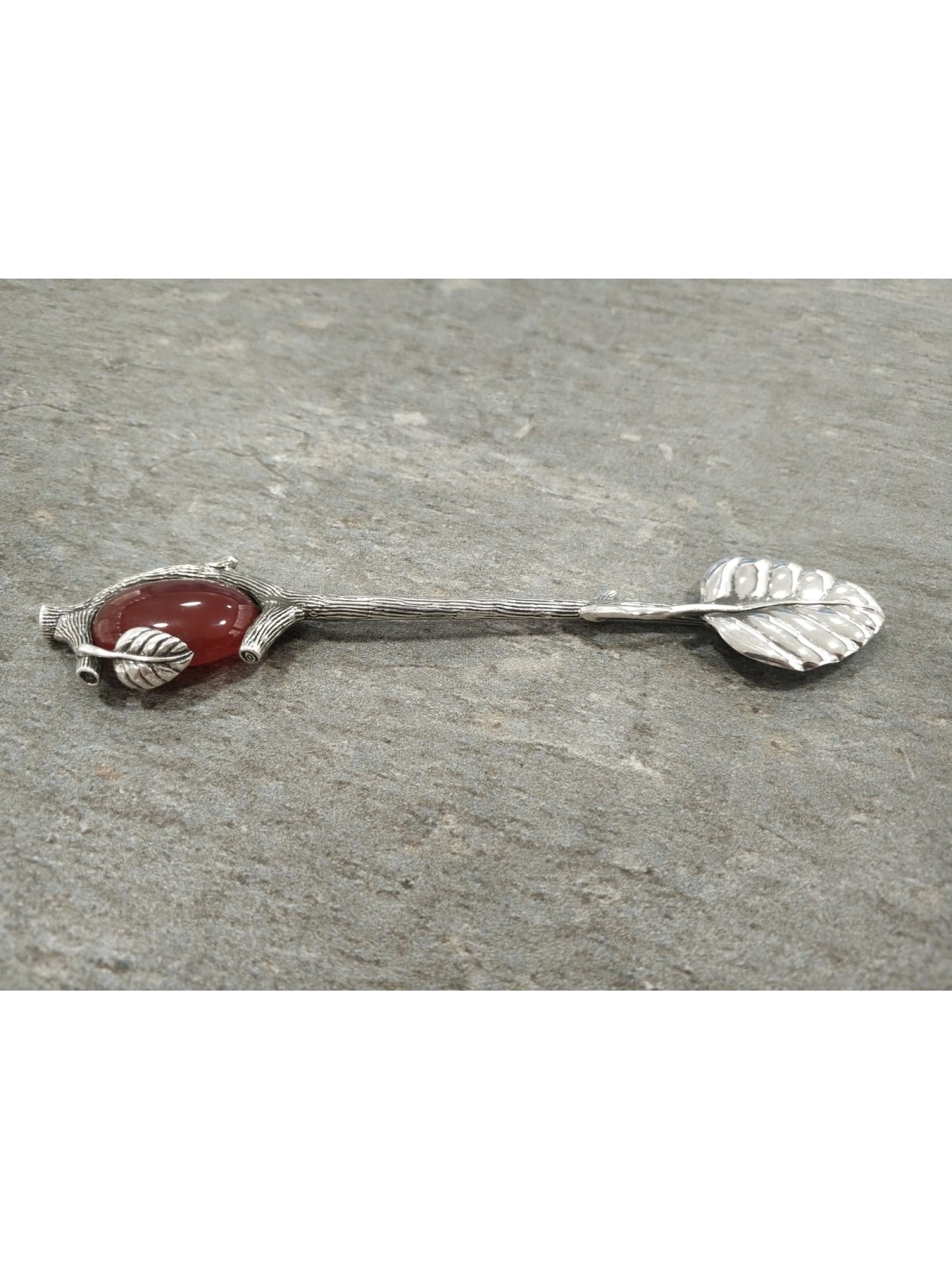 Sterling Silver Nature Spoon with Carnelian Stone , Birth &amp; Brit M