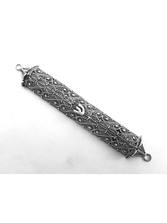 Long Filigree Sterling Silver Mezuzah Case , Grandes Mezuzahs , Israélien