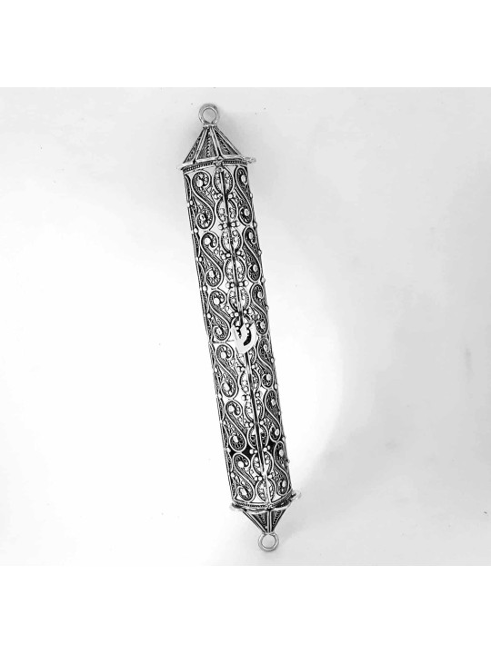 Long Filigree Sterling Silver Mezuzah Case , Grandes Mezuzahs , Israélien