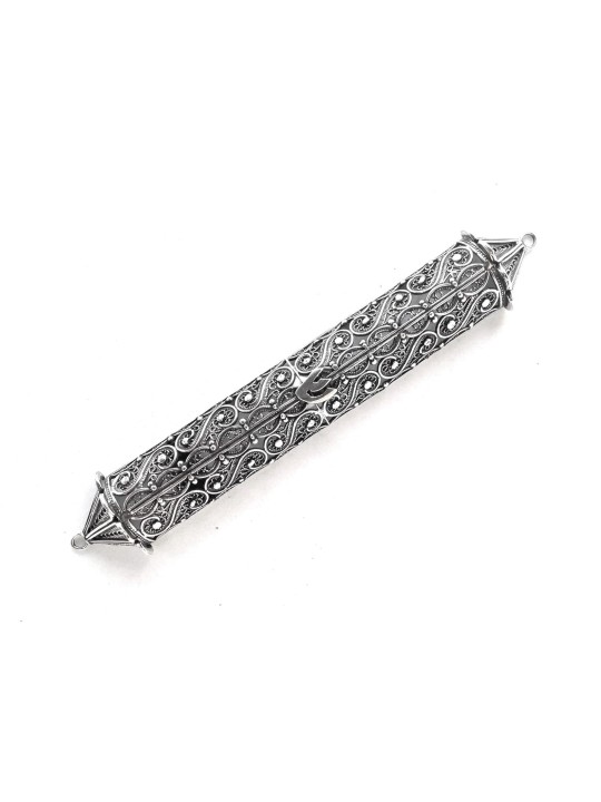 Long Filigree Sterling Silver Mezuzah Case , Grandes Mezuzahs , Israélien