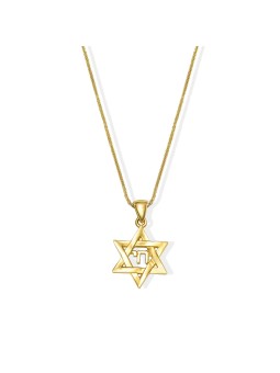 Tiny 14k Gold Magen David Pendant Featuring a Chai , Tu B'Av Gifts , I