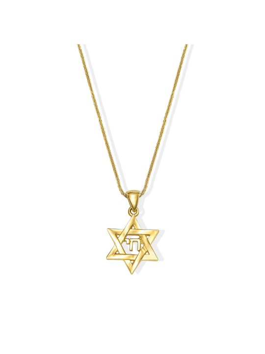Tiny 14k Gold Magen David Pendant Featuring a Chai , Tu B'Av Gifts , I