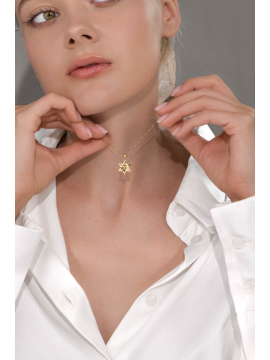 Tiny 14k Gold Magen David Pendant Featuring a Chai , Tu B'Av Gifts , I