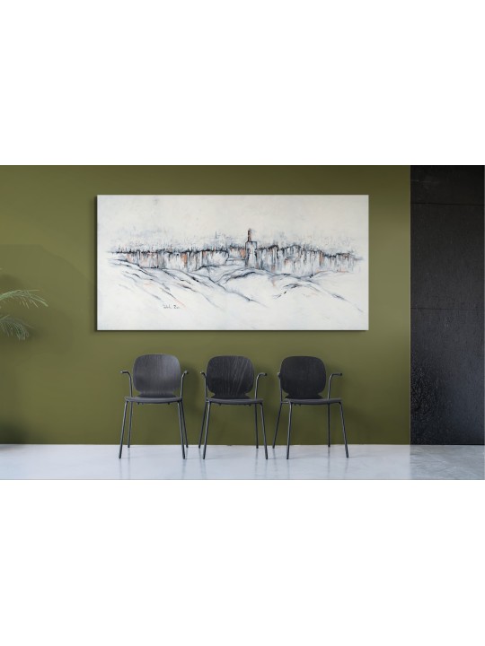 Large peinture en noir et blanc des murs de Jérusalem avec esprit juif abstrait A