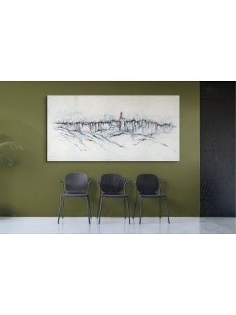 Black & White Wide Painting of Jerusalem Walls wit , Jewish Abstract A